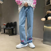 Men Jeans Embroidered Washed Distressed Loose Straight Pants Trousers